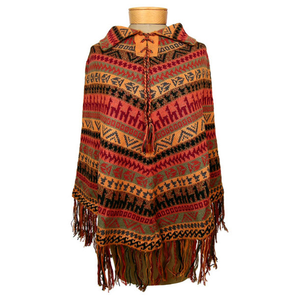 Andean Alpaca Poncho with Laced Collar and Geometric Design 35" Long - Varied Colors