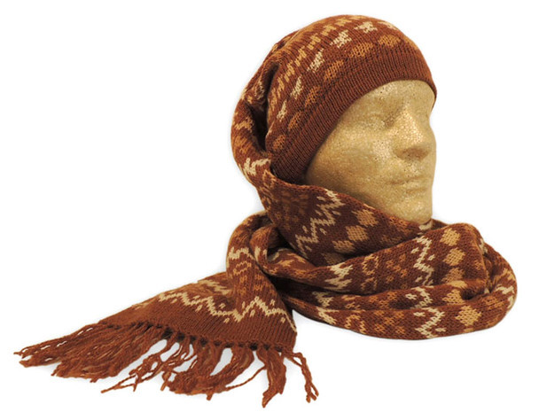 Natural Shades Geo Knits Earth Tones Alpaca 100% Scarf Hat 8" x 74"