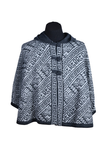 Hooded Cape Cloak One Size - 100% Alpaca Knit Geometric Two Tones Gray