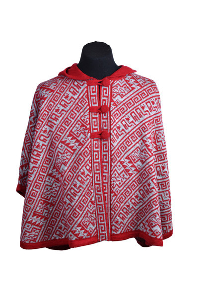 Hooded Cape Cloak One Size - 100% Alpaca Knit Geometric Two Tones Red
