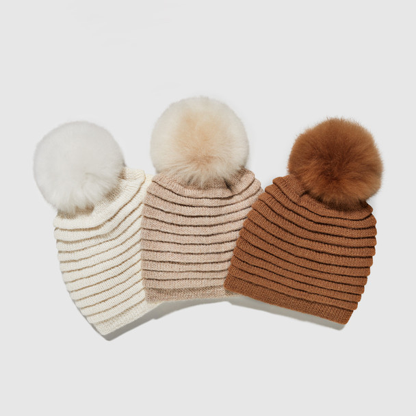 Aspen Beanie - Fine Pleated Bands Adult 100% Baby Alpaca Oversized PomPom