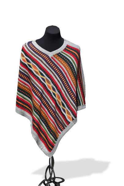Grey Waves and Bands 100% Alpaca - Patterned Stripes Knit Poncho V Collar Assorted Colors