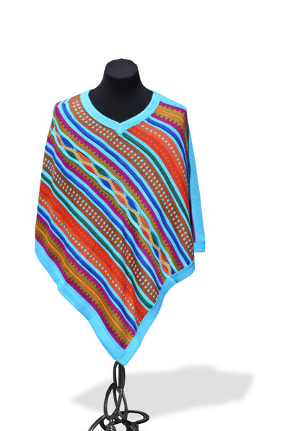 Turquoise Waves and Bands 100% Alpaca - Patterned Stripes Knit Poncho V Collar Assorted Colors