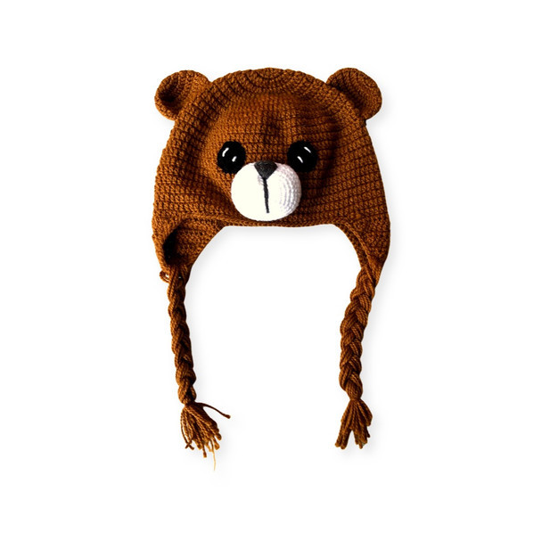 Brown Bear Knit Alpaca Beanie Wildlife Ear Flaps Beanie Ski 100% Wool Animal Hat/Cap