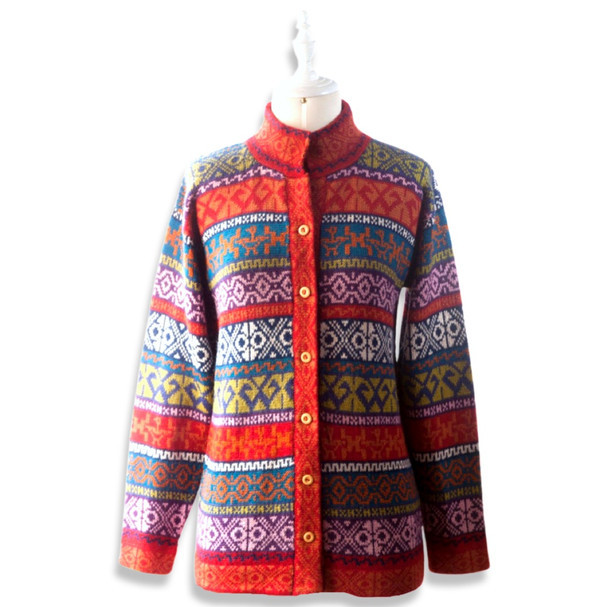 100% Baby Alpaca Geometric Andean Design Superfine Knit Women's Cardigan Sweater