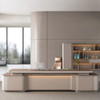 Adeline Director Table Singapore in modern executive office featuring Moon White, Skyline Mocha and Eucalyptus finish.