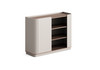 Adeline Director Table side cabinet with internal lighting showcasing Eucalyptus melamine finish.