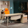Alice Executive Desk Singapore in modern office interior with Bass Wood Grain finish and Milk Tea Grey accents.
