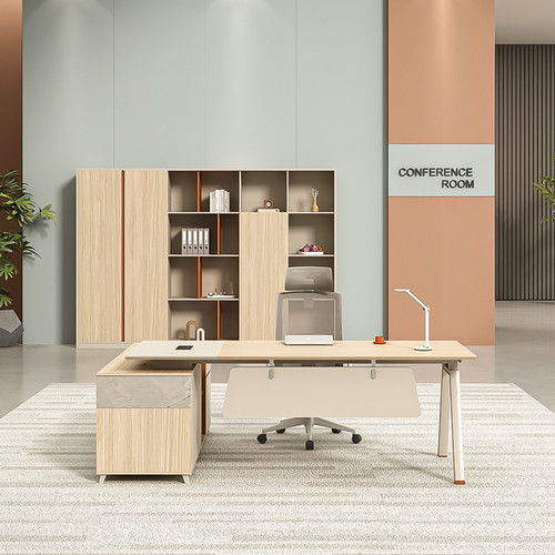 Olender Modern L-Shape Manager Desk Singapore — front modesty panel for privacy
