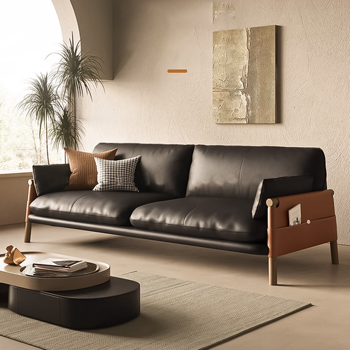 Linn Genuine Leather Sofa Singapore — Retro Solid Wood Leg Design, Two-Tone Colour Block
