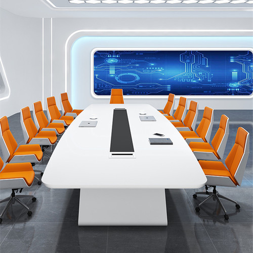 Blanc white lacquer conference table overview Singapore — modern oval boardroom table 1.6m to 5m with cable box VERTICAL IMAGE