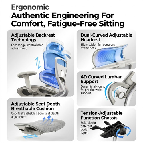 Abigail High-Back Ergonomic Office Chair with Independent Dual-Zone Lumbar Support & 6D Adjustable Headrest – Premium Executive Seating for Singapore Offices