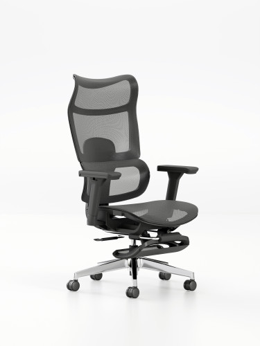 Eliot High-Back Ergonomic Mesh Chair side angle, showcasing 4D adjustable PU armrests, lumbar-split ergonomic back support, and sleek black executive design.