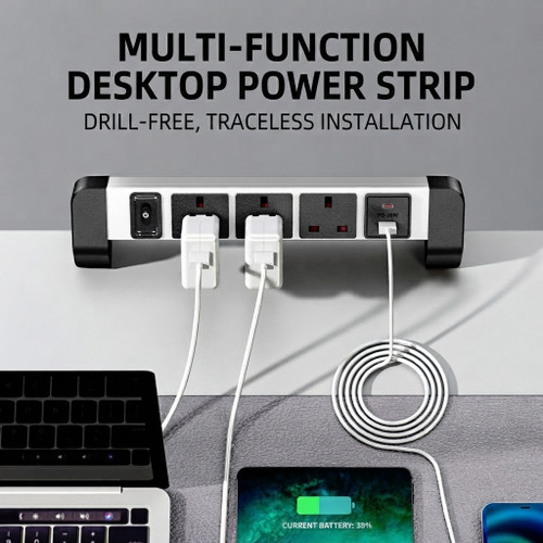 Jasper DEMU UK Clamp-Mate Pro: 5-in-1 Multi-Function Desk Clamp Power Strip with 3 UK Sockets and 2 USB Ports, Aluminum Alloy Shell