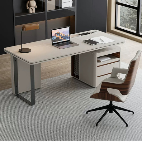 BAGUS Leather Executive Desk Singapore full view with saddle leather desktop and storage cabinet