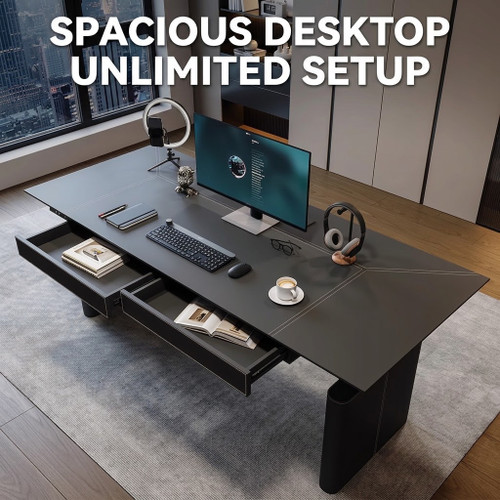 INTAN M9 Black Leather Round-Leg Desk Singapore — spacious desktop with built-in double drawers