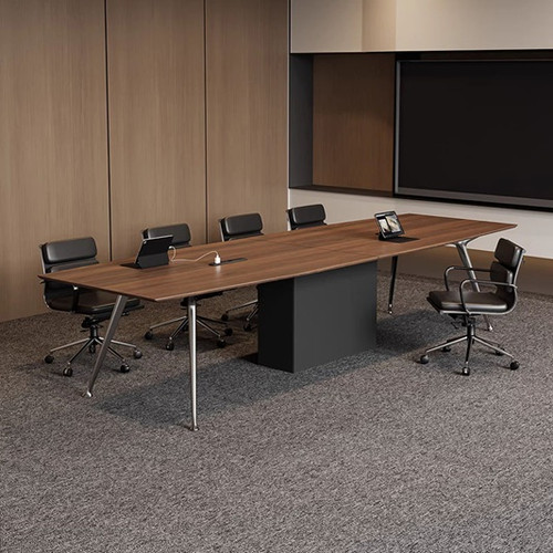 Torkel Conference Table Singapore — walnut wood-grain desktop, chrome-plated aluminum A-frame legs