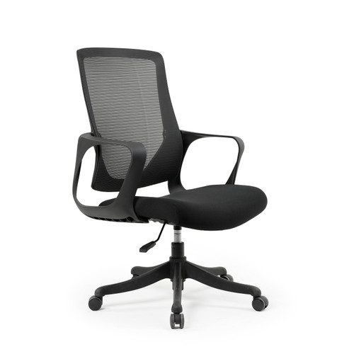 Chase High-Back Ergonomic Chair angled view, highlighting office chair specific mesh (20% elastic filament + 80% polyester 285g/㎡ back, 100% polyester 210g/㎡ seat), and PP fixed lumbar pad.