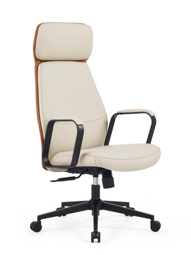 Matthew Leather Ergonomic Chair Singapore — Light Beige Faux Leather Front View, Steel Electroplated Armrests