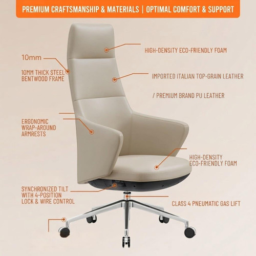 Miles Leather Ergonomic Chair Singapore — Light Beige Front View, Dimensions