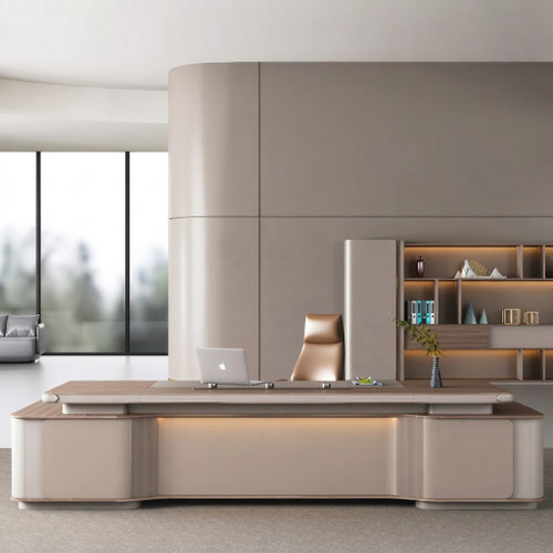 Adeline Director Table Singapore in modern executive office featuring Moon White, Skyline Mocha and Eucalyptus finish.