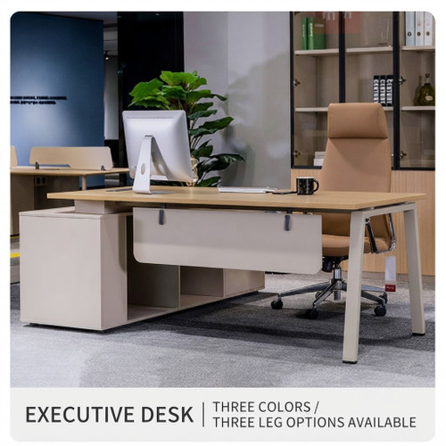 Alberta Executive Desk Singapore featuring Dio White and Rhine Light Oak with office partition.