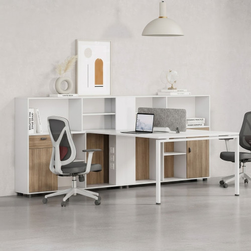 Aleena Office Workstation Singapore featuring White and Rhine Light Oak with office partition setup.