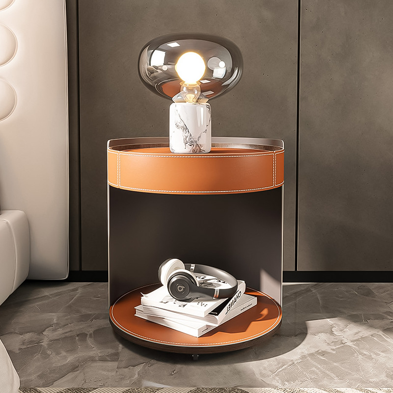 Inger Leather Round Bedside Table in Bedroom Setting Scenario Image