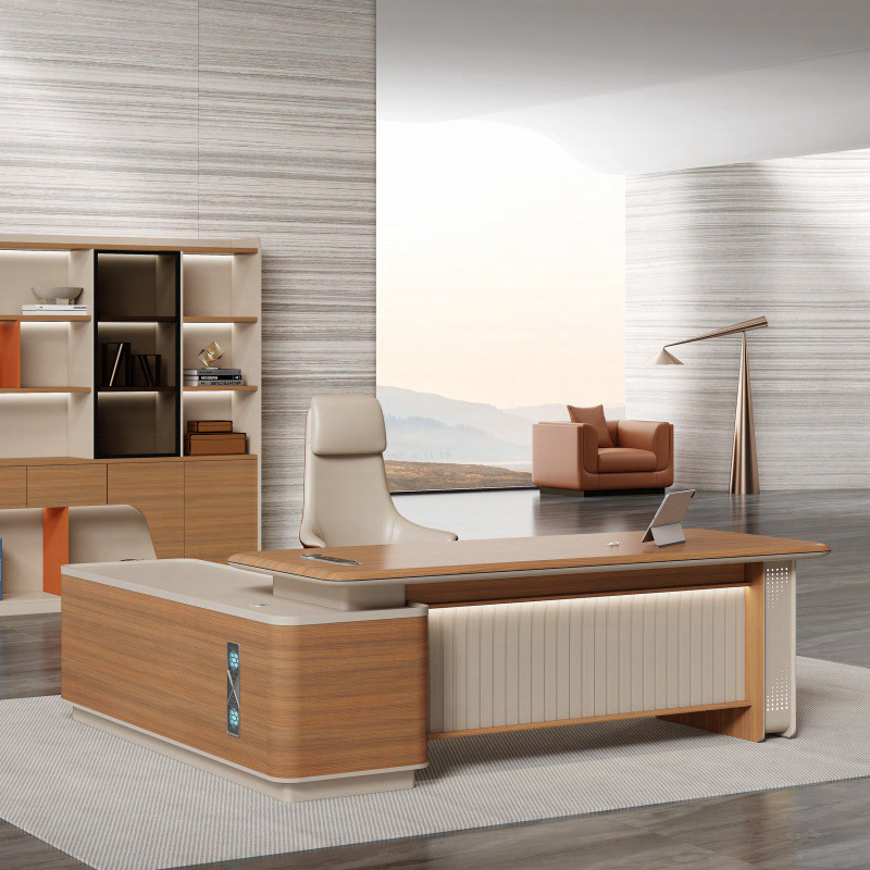 Merle L-Shape Director Table Singapore overview — walnut wood grain desktop, E0-grade board, LED light strip side cabinet