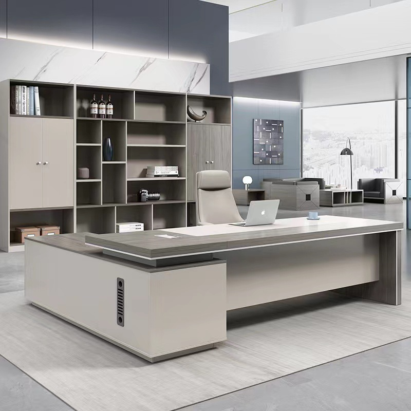Strato Director Table Singapore | Pear Wood & Khaki Two-Tone Desktop, Office Setting | Free Delivery Singapore & Peninsular Malaysia