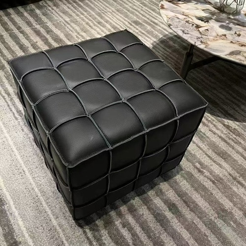 Milia leather cube ottoman side view Singapore — solid wood frame black leather cube stool versatile use