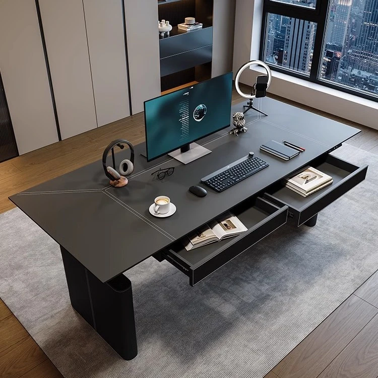 INTAN M9 Black Leather Round-Leg Desk Singapore — saddle leather desktop, dual-motor standing desk