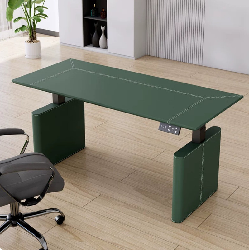 Citra luxury leather electric standing desk Singapore, dark green saddle leather, dual motor