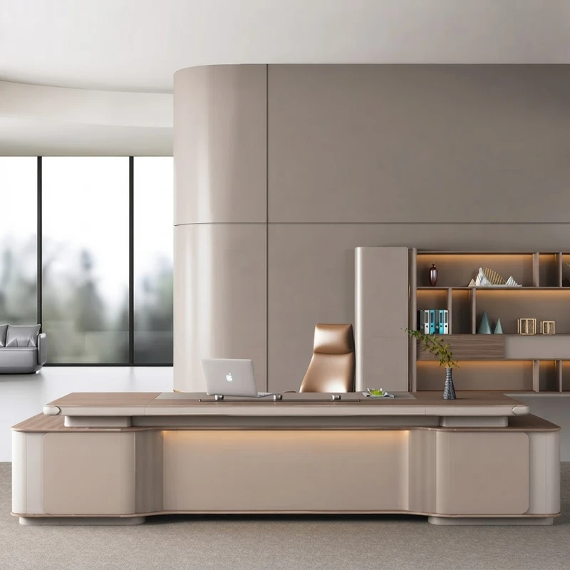 Adeline Director Table Singapore in modern executive office featuring Moon White, Skyline Mocha and Eucalyptus finish.