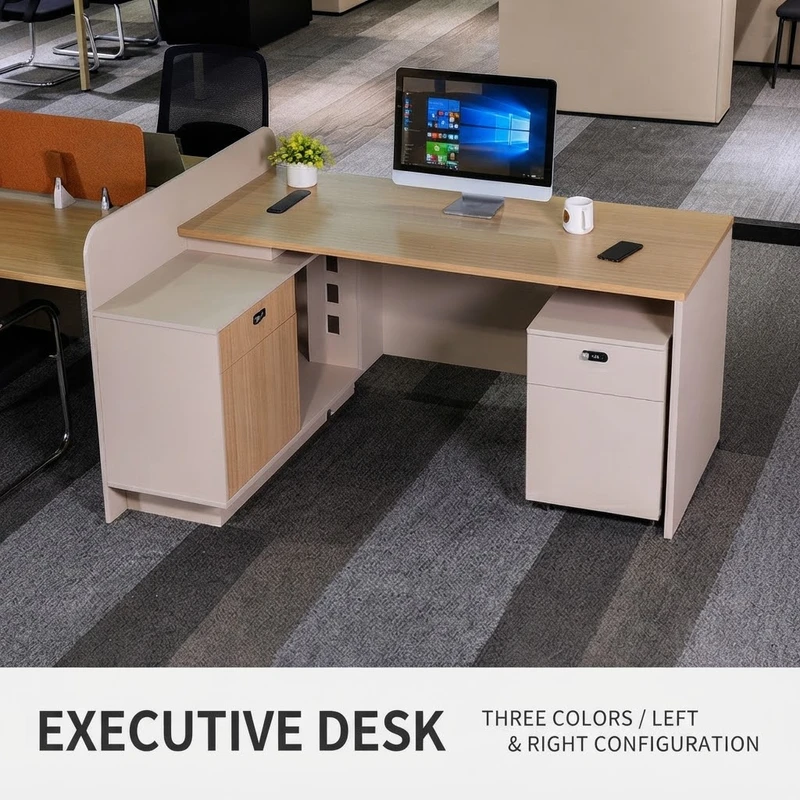 Alberta Executive Desk Singapore in Mocha Dark Oak finish with modern office setup.