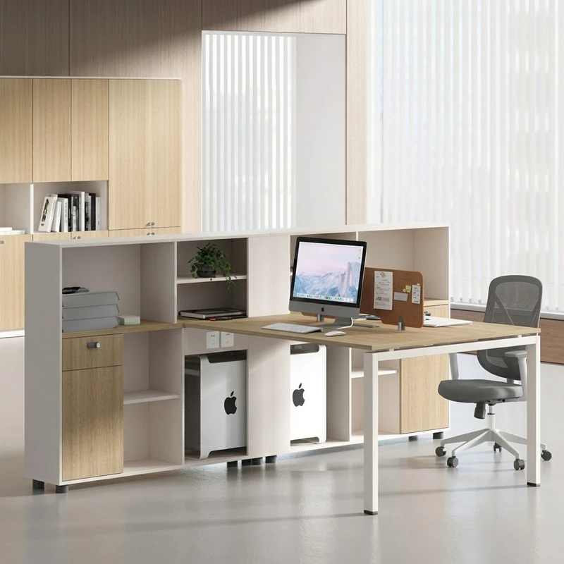 Aleena Office Workstation Singapore in modern office interior with White and Rhine Light Oak finish.