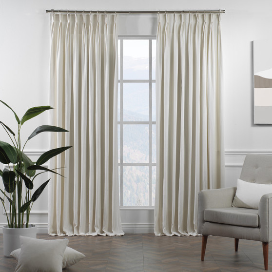 Custom Jhon 2 panels  each sized 110" wide x 110" Lenght sewn as pinh Pleated  fabric Off white