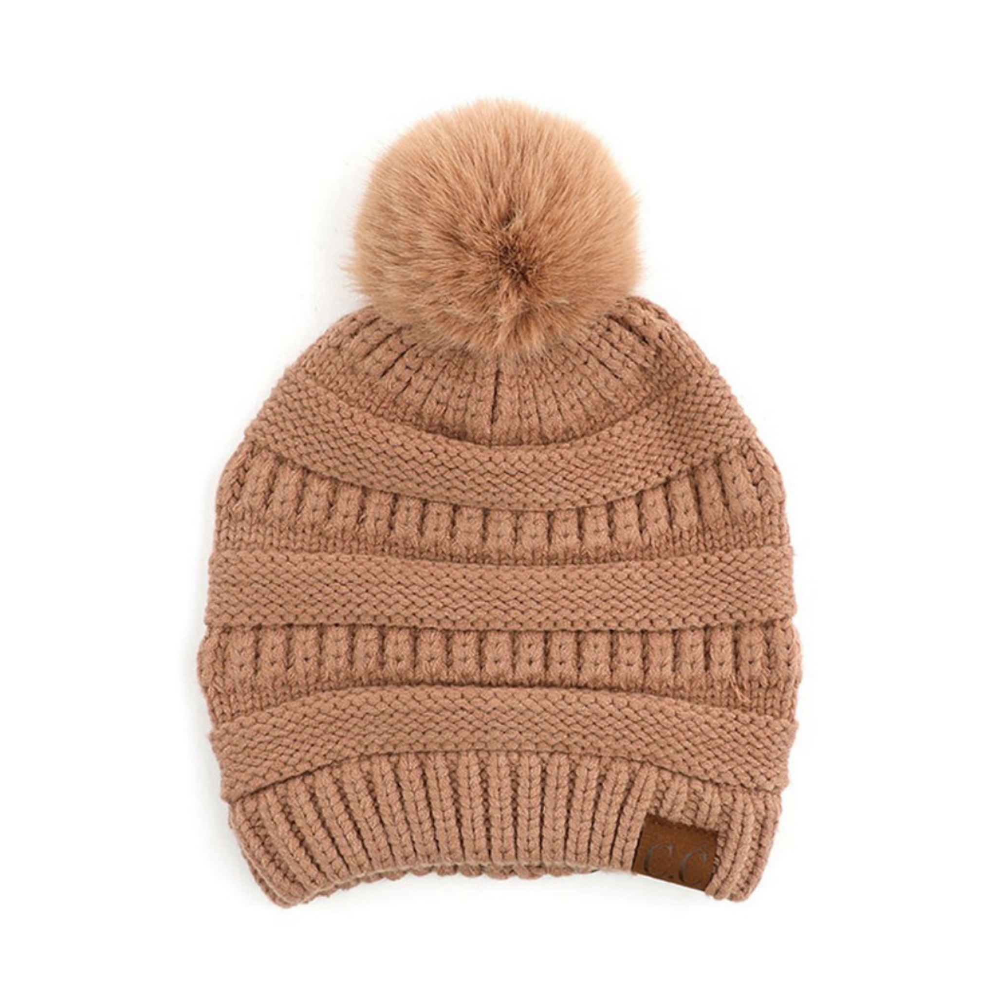 Faux Fur Matching Pom Beanie - Nude