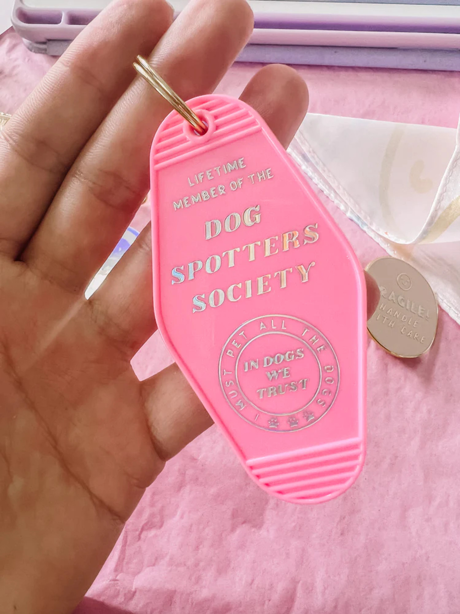 Pink Dog Spotters Club Motel Keychain