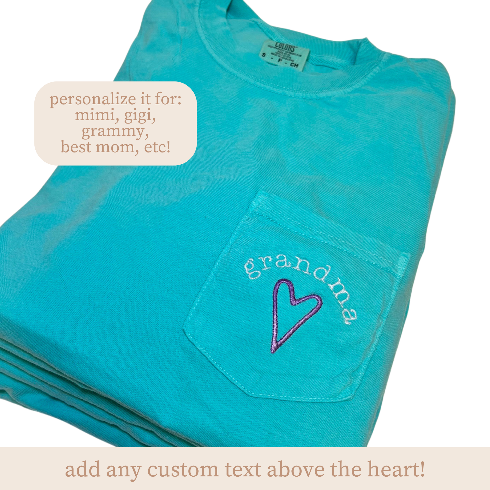 Custom Heart Embroidered Mint Pocket Tee | Add ANY name!