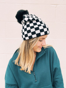 Black & White Checkered Pom Beanie 