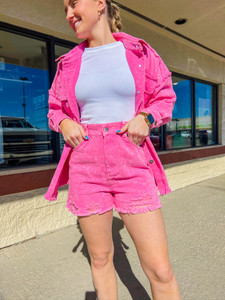 Hot Pink High-Waist Washed Shorts