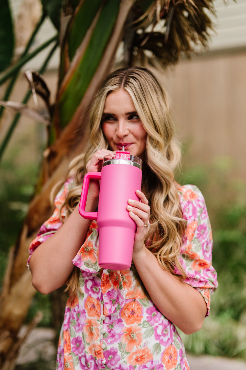 Hot Pink Tumbler With Straw, 40 Ounces