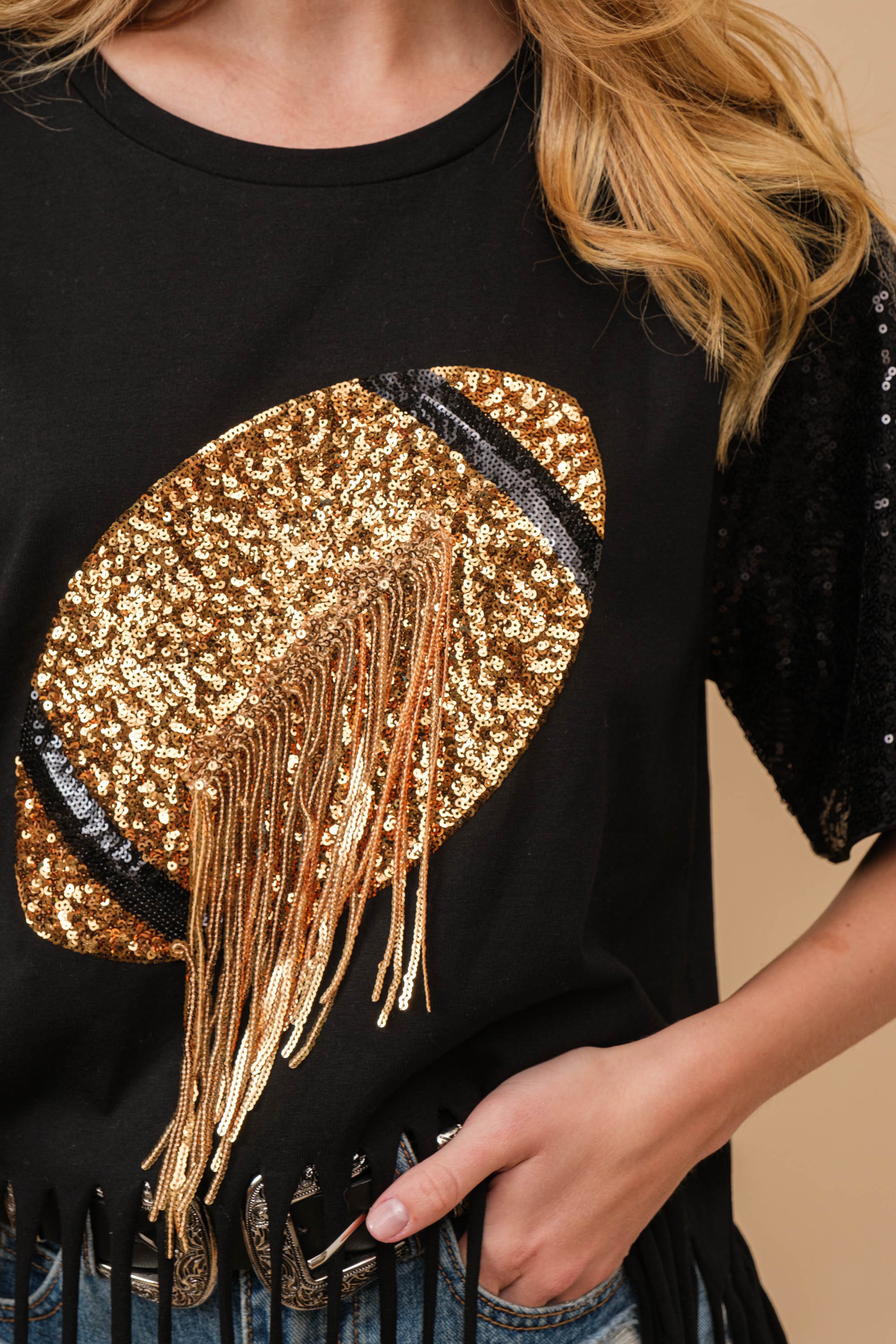 Black Oversized Game Day Sequin Gold Football Tee