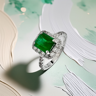 Emerald-cut emerald engagement ring in 14K white gold front view