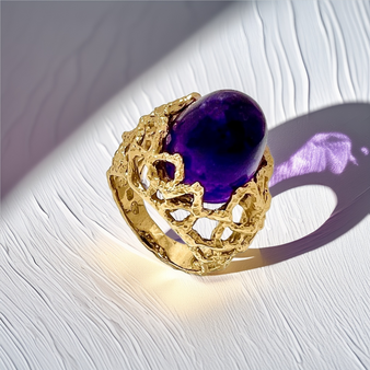 Side view of ring with 10 mm cabochon amethyst in 18K yellow gold