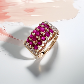 Vintage Ruby Diamond Ring, 10mm wide ruby cluster ring in 14kt white gold, ideal July birthstone gift.