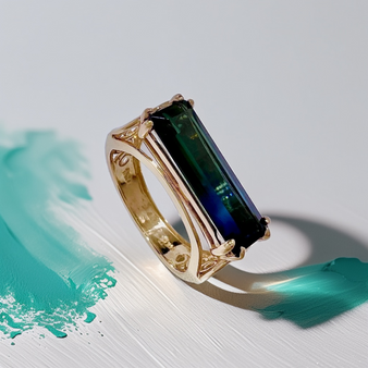 Blue-Green Tourmaline Ring, Teal Tourmaline in 14kt yellow gold, 5.30g heavy statement ring.