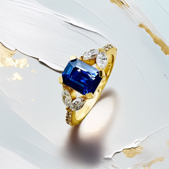 Unique women’s ring featuring emerald-cut blue sapphire and marquise diamonds