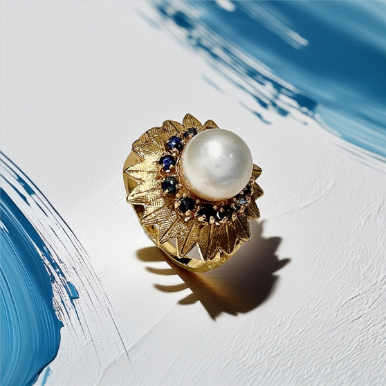 Vintage pearl ring 7.80mm in 14kt yellow gold with sapphire accents